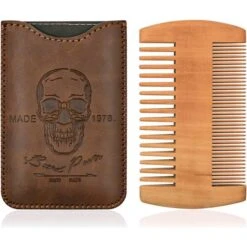 Beard Power Wooden Beard Comb & Durable Case For Men With Sexy Beard, Fine & Coarse Teeth, Pocket Comb For Beards & Mustaches,Brown Skull Design