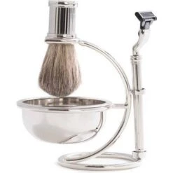 Bey-Berk International BB12 Mach3 Razor & Pure Badger Brush With Soap Dish On Chrome Stand, Silver