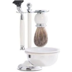 Bey-Berk International BB24 Mach 3 Razor & Pure Badger Brush With Soap Dish Chrome Plated White Enamel